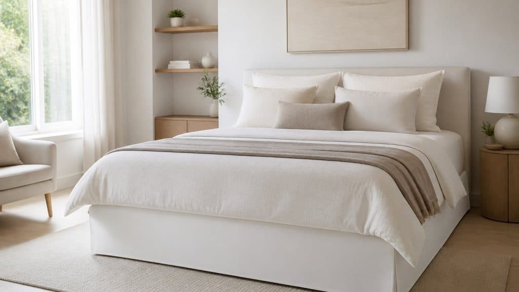 Lit avec cache-sommier blanc en jersey coton installé jusqu'au sol dans une chambre lumineuse