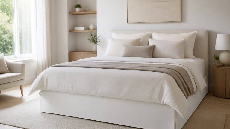 Lit avec cache-sommier blanc en jersey coton installé jusqu'au sol dans une chambre lumineuse