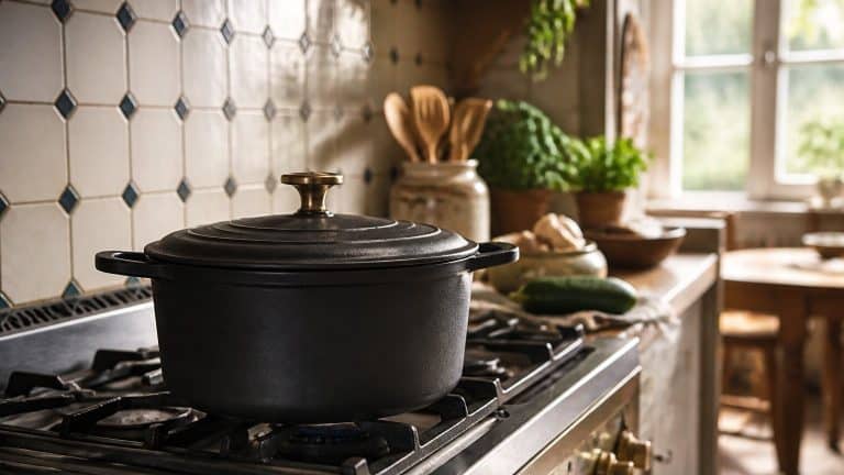 Cocotte en fonte posée sur une cuisinière dans une cuisine à la lumière naturelle