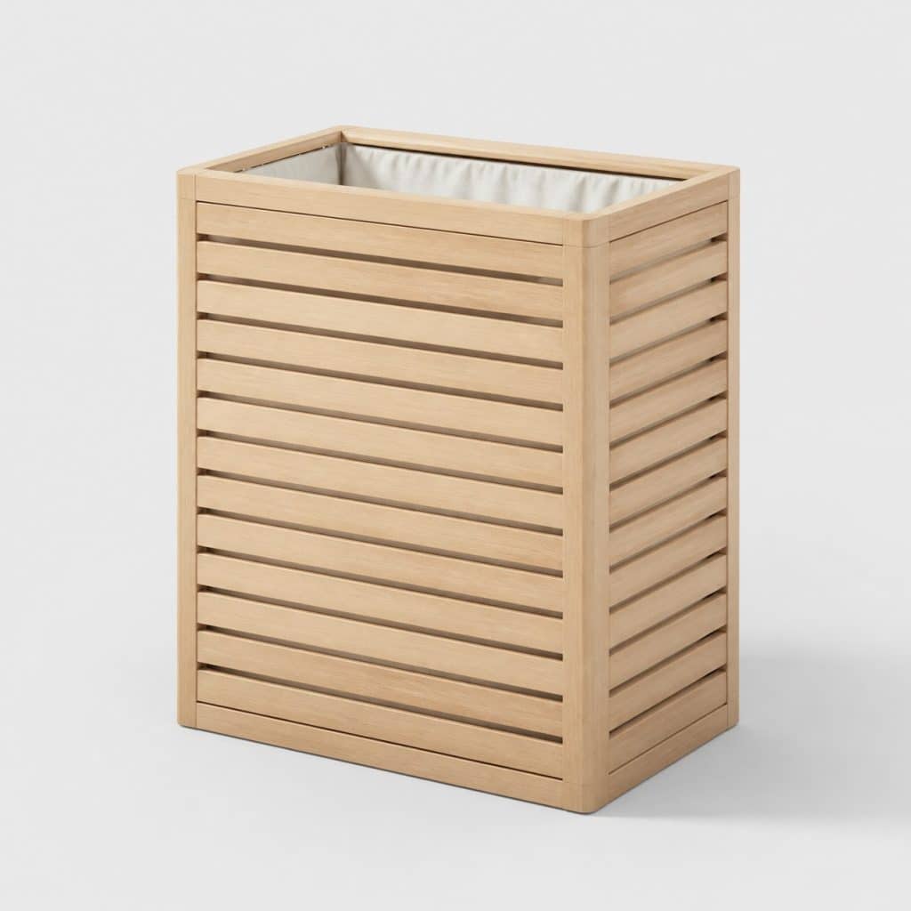 Corbeille à linge en bois massif dans une salle de bain épurée