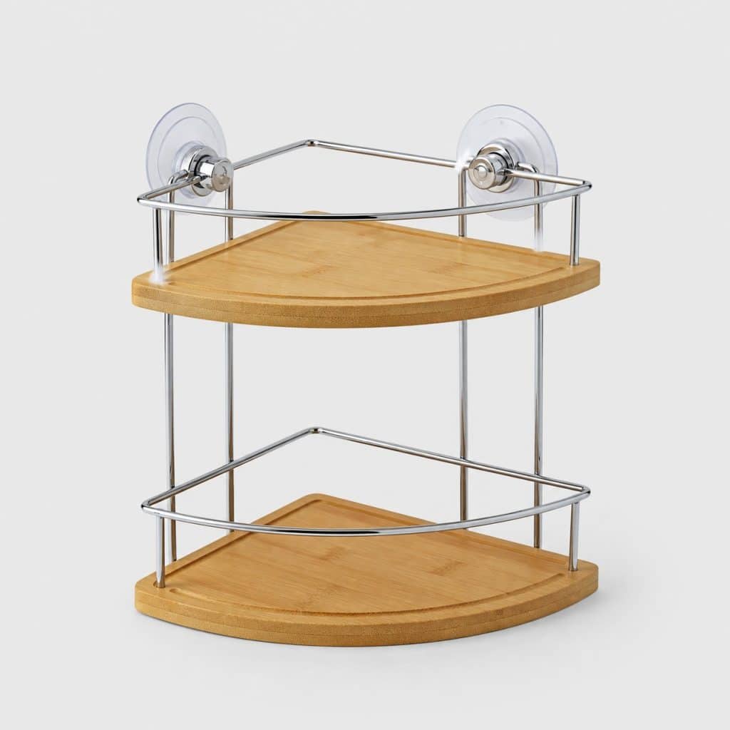 Étagère de douche à ventouses fixée dans un angle de cabine