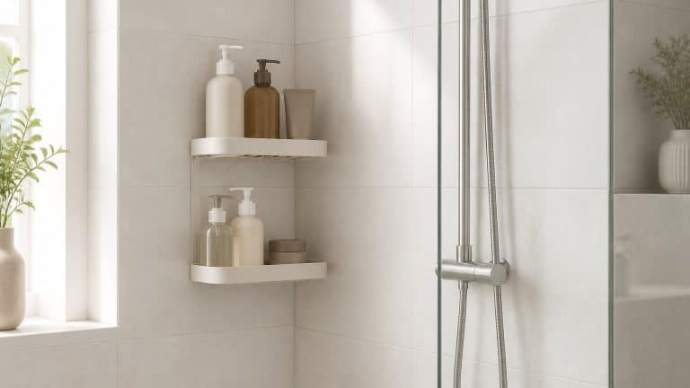 Étagère de douche fixée sans perçage sur un carrelage clair, avec quelques flacons rangés