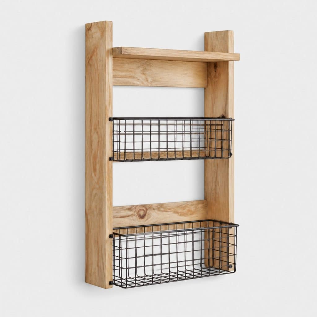 Étagère murale en bois massif dans une entrée épurée