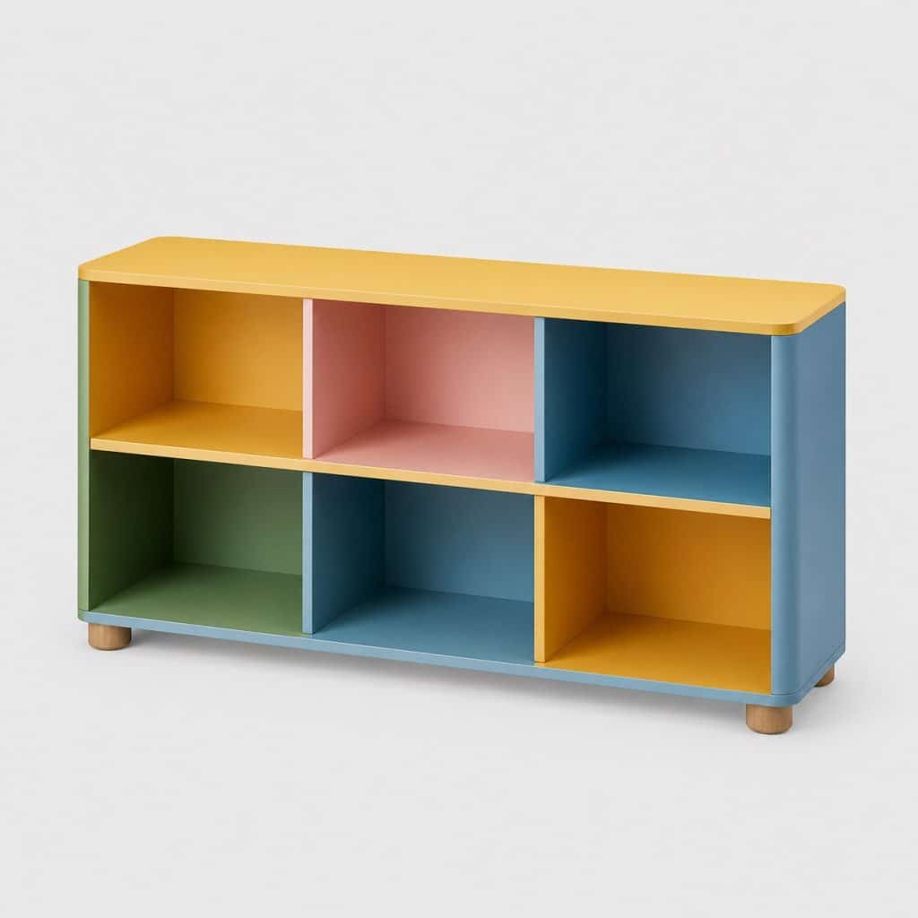 Étagère de rangement enfant dans une chambre lumineuse