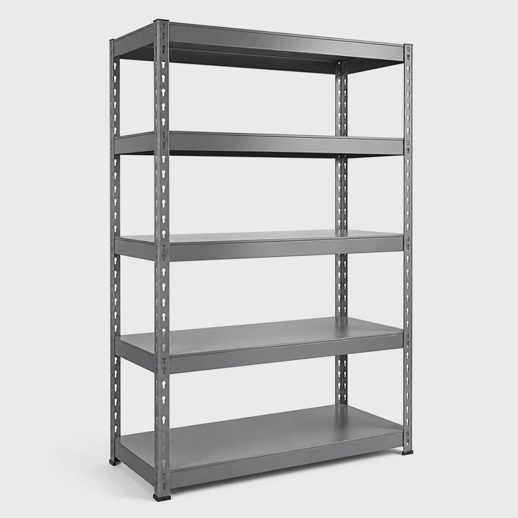 Étagère de rangement métallique dans un garage organisé