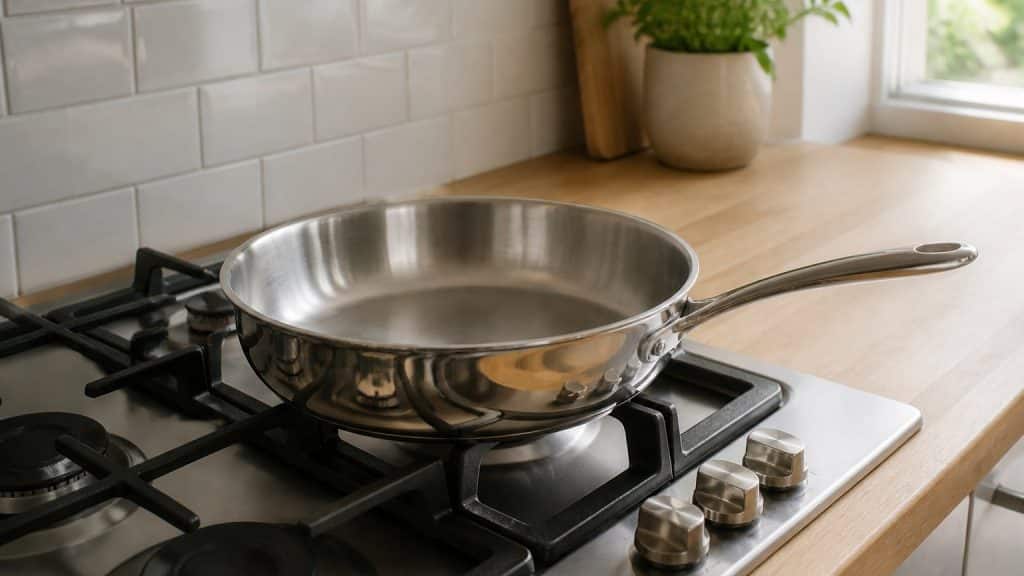 Poêle en inox avec fond diffusant posée sur une cuisinière dans une cuisine lumineuse