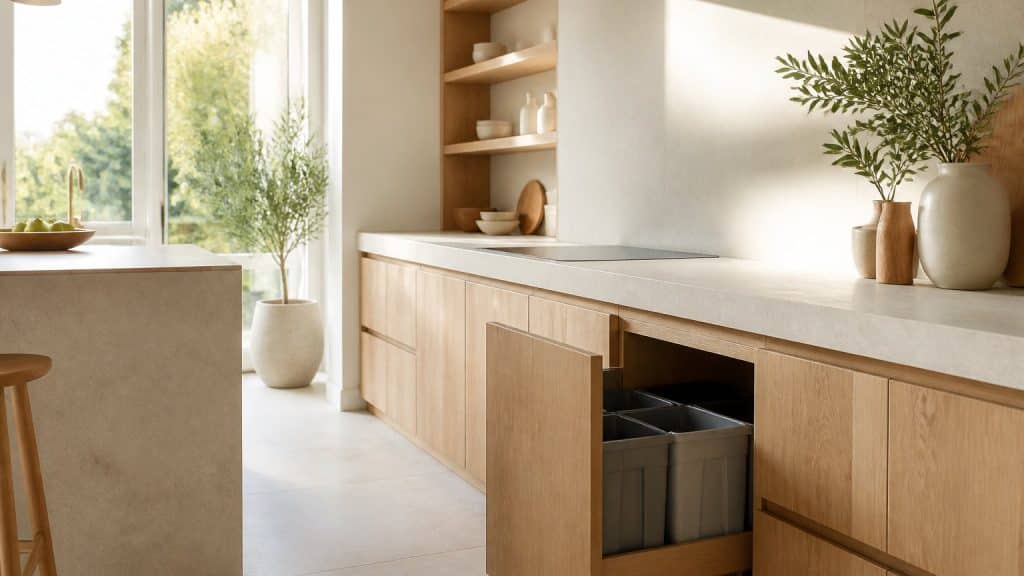 Meuble de cuisine avec système de tri sélectif à plusieurs bacs, lumière naturelle