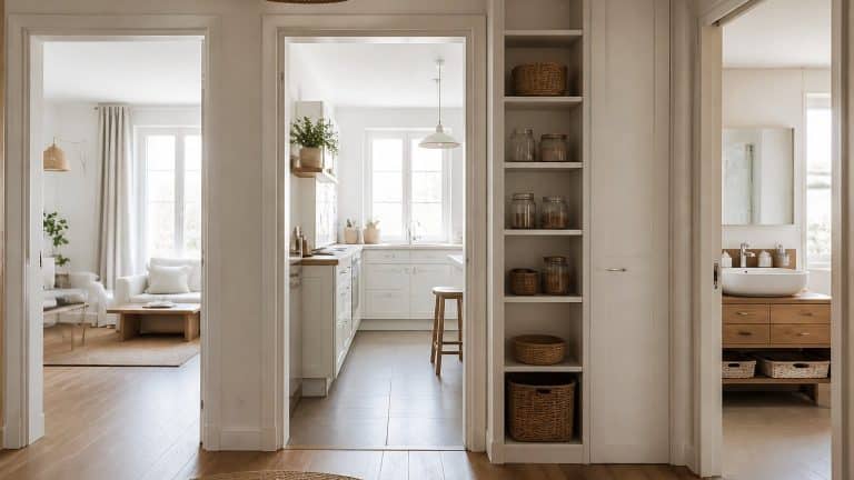 Poubelles de tailles différentes dans plusieurs pièces d'une maison, du petit modèle au grand bac