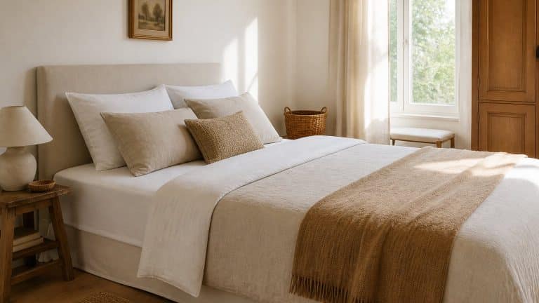 Lit soigneusement fait avec un drap plat blanc bordé sous le matelas, dans une chambre baignée de lumière naturelle
