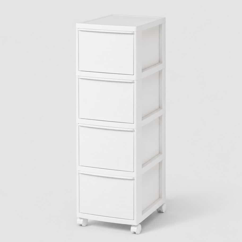 Tour de rangement plastique blanche à 4 tiroirs dans une buanderie