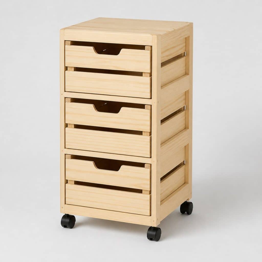 Tour de rangement en bois façon cagette dans une chambre