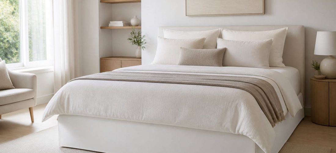 Lit avec cache-sommier blanc en jersey coton installé jusqu'au sol dans une chambre lumineuse