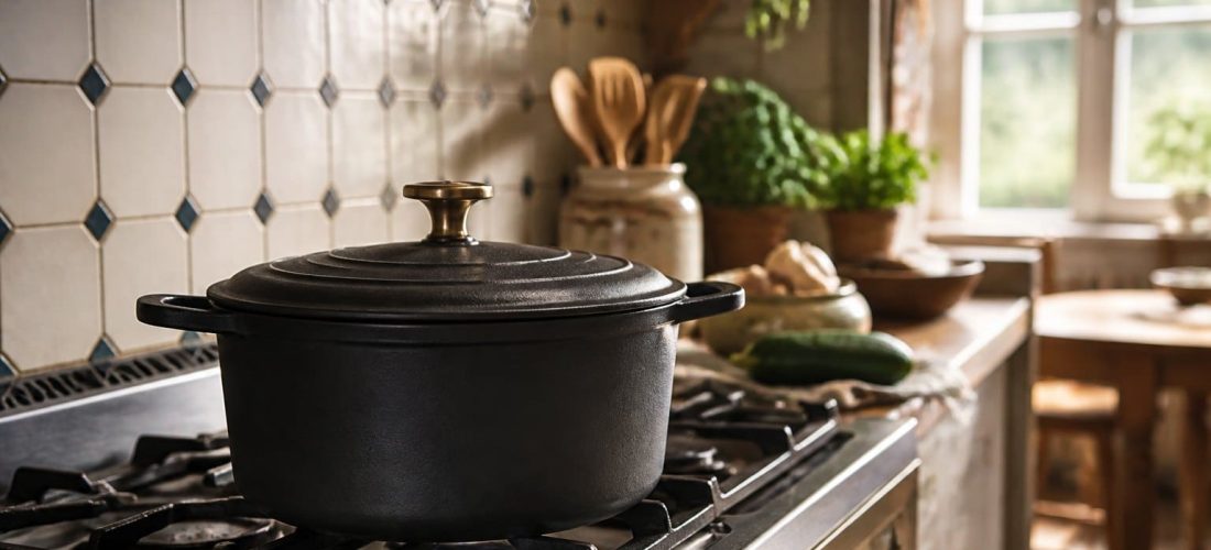 Cocotte en fonte posée sur une cuisinière dans une cuisine à la lumière naturelle
