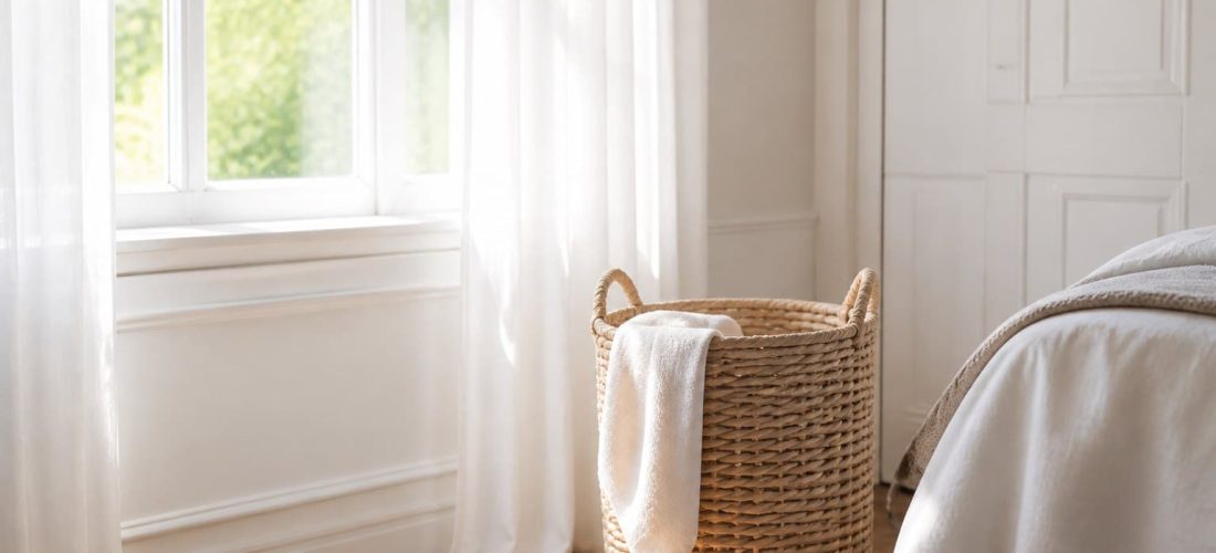 Corbeille à linge tressée posée dans une chambre lumineuse