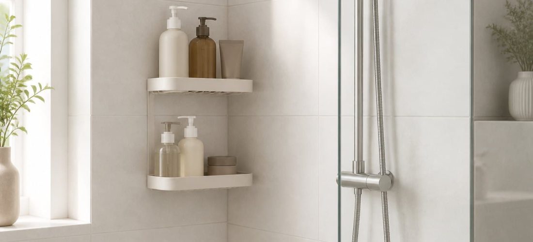 Étagère de douche fixée sans perçage sur un carrelage clair, avec quelques flacons rangés