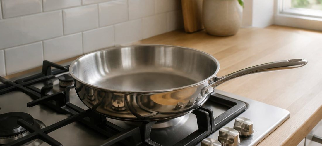 Poêle en inox avec fond diffusant posée sur une cuisinière dans une cuisine lumineuse