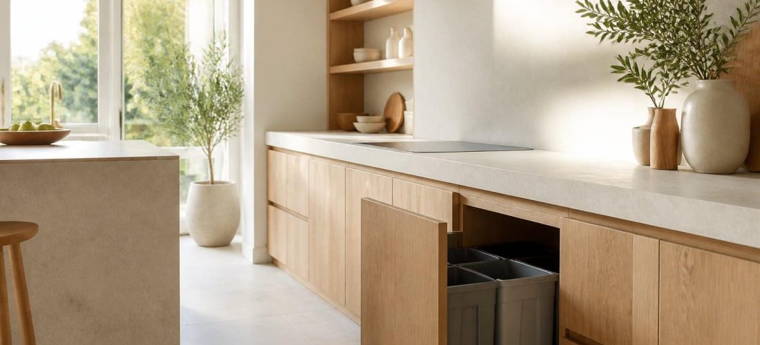 Meuble de cuisine avec système de tri sélectif à plusieurs bacs, lumière naturelle