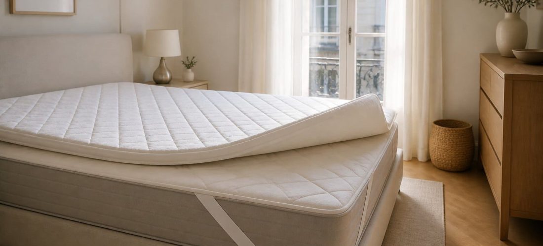 Protège-matelas en coton molletonné installé sur un lit dans une chambre lumineuse
