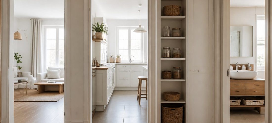 Poubelles de tailles différentes dans plusieurs pièces d'une maison, du petit modèle au grand bac
