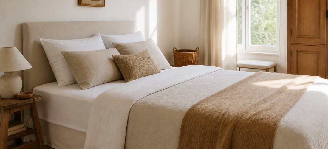 Lit soigneusement fait avec un drap plat blanc bordé sous le matelas, dans une chambre baignée de lumière naturelle